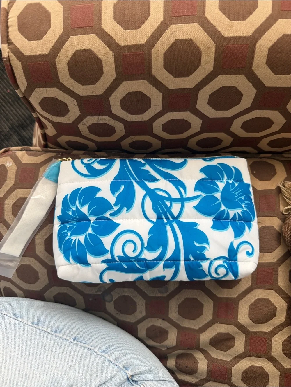 Blue Floral Quilted puffer makeup Pouch